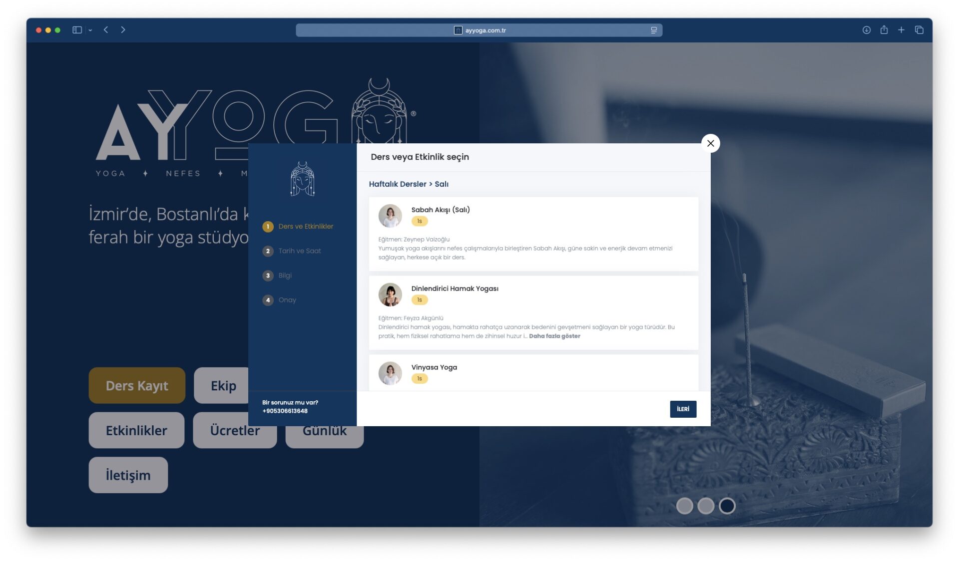 Ay Yoga ders kayıt ekranı